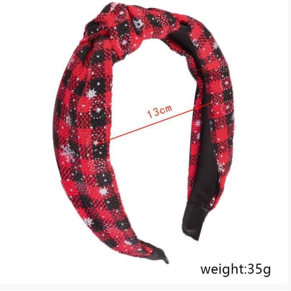 New Christmas Holiday fabric top knot Red black Buffalo plaid flexible headband - Picture 3 of 12